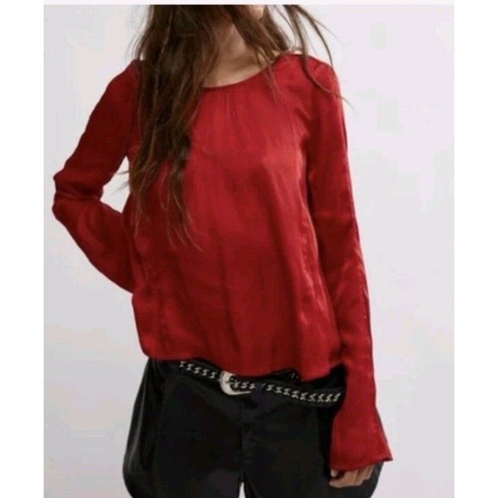 Free People Arabella Blouse Women's M Red Scoop Neck Open Tie Back Closure new